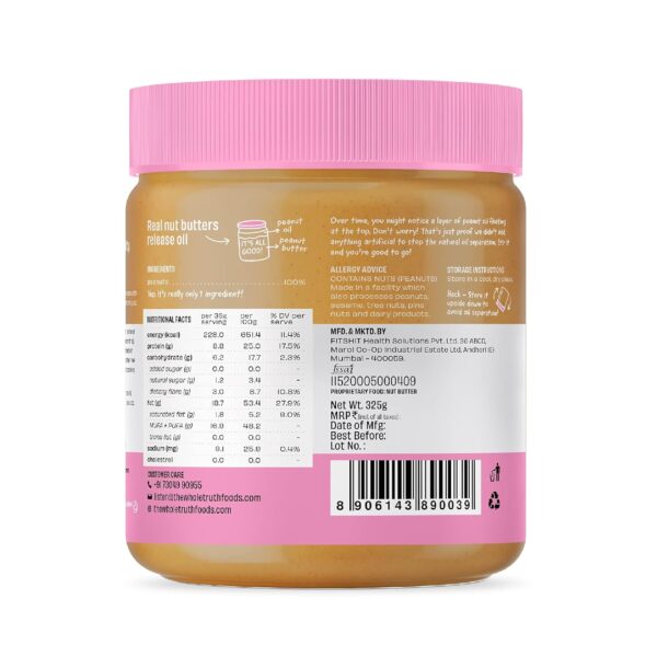 The Whole Truth - Unsweetened Peanut Butter | 325g | Creamy | No Added Sugar - Image 2