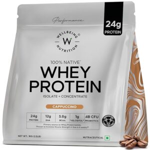 Wellbeing Nutrition Whey Protein Isolate & Concentrate 1Kg Cappuccino | 24g Protein,