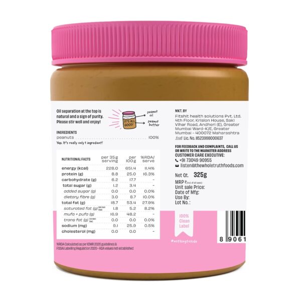 The Whole Truth - No Added Sugar Peanut Butter - Crunchy - 325g - Image 2