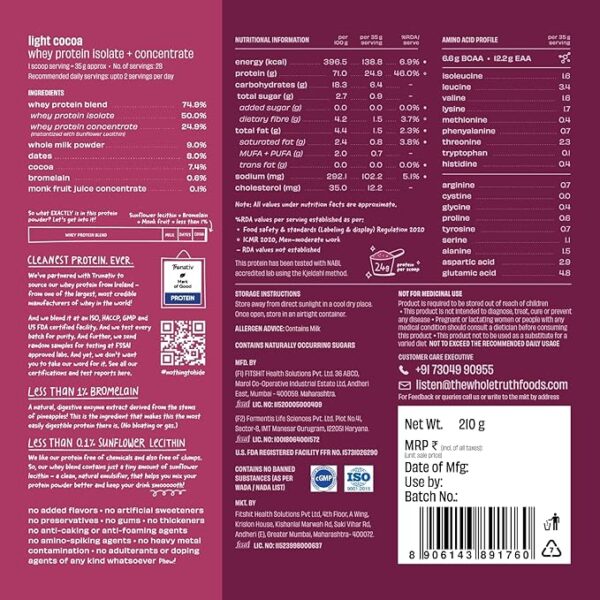 The Whole Truth Whey Protein Isolate+Concentrate | Light Cocoa - Image 5